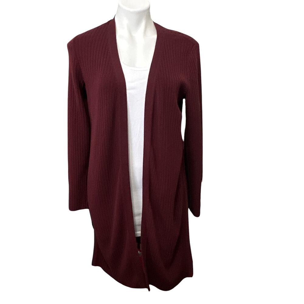 Talbots Ribbed Knit Open Front Longline Cardigan Maroon Gold Buttons Women's M